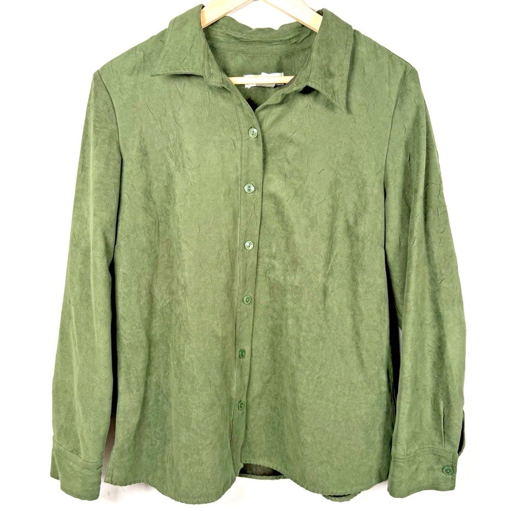 Christopher Banks Faux Suede Button Down Shirt Top Olive Green Long Sleeve Large